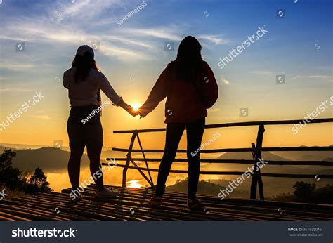 Two Womans Looking Mist Sunrise Thailand Stock Photo 351935045