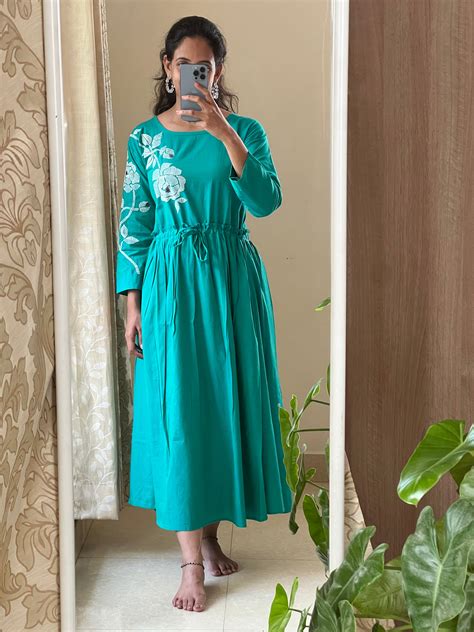 A0048 handloom cotton one piece dress with machine embroidery and adju