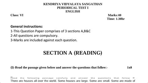 PT 1 Paper Class 6 ENGLISH For Kendriya Vidyalaya Students KVS