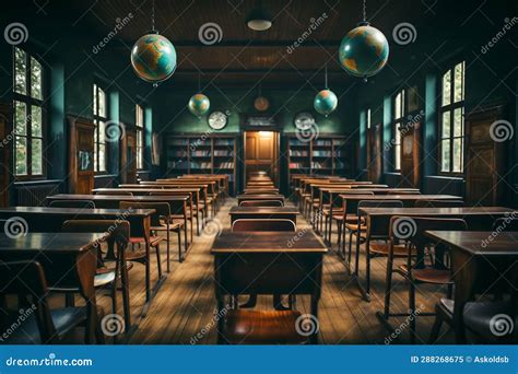 Interior Of An Empty Classroom With Wooden Chairs Stock Illustration Illustration Of Lecture