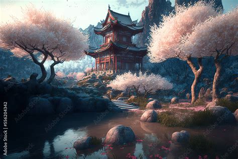 Fantasy background with mysterious ancient Chinese temple in mountains ...