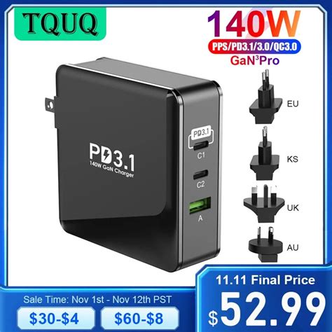 TQUQ 140W USB C PD3 1 Fast Charger 3 Port GaN PD 100W PPS 65W QC5