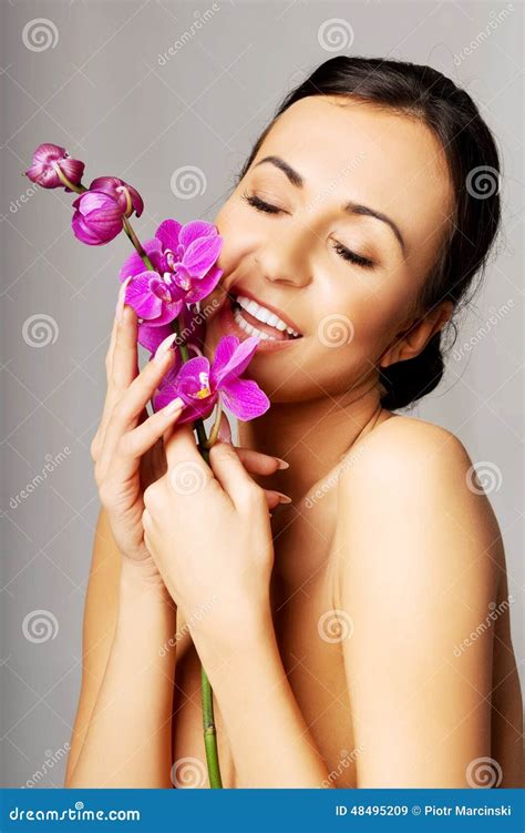 Naked Woman With Purple Orchid And Closed Eyes Stock Image Image Of Beauty Model