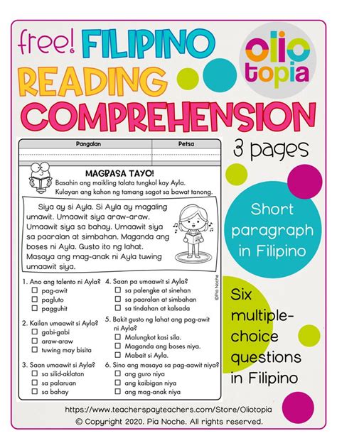 Free Filipino Reading Comprehension Reading Comprehension Worksheets