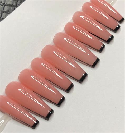 French Tip Black Nails Nude Nails Press On Nails Coffin Etsy