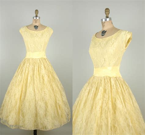 1950s Pale Yellow Prom Dress Vintage Lace Tea Length Wedding