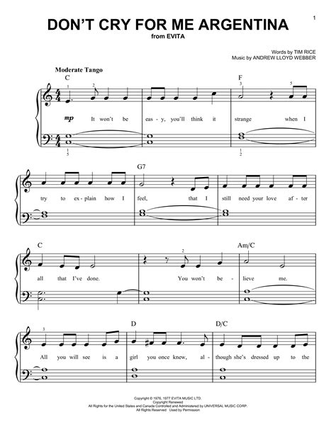 Play Official Version Of Dont Cry For Me Argentina Sheet Music By