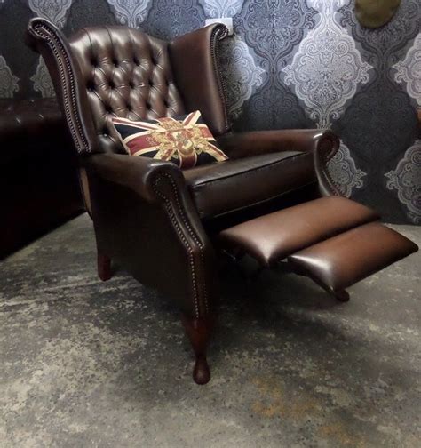 Stunning Chesterfield Recliner Queen Anne Wing Back Arm Chair In Brown