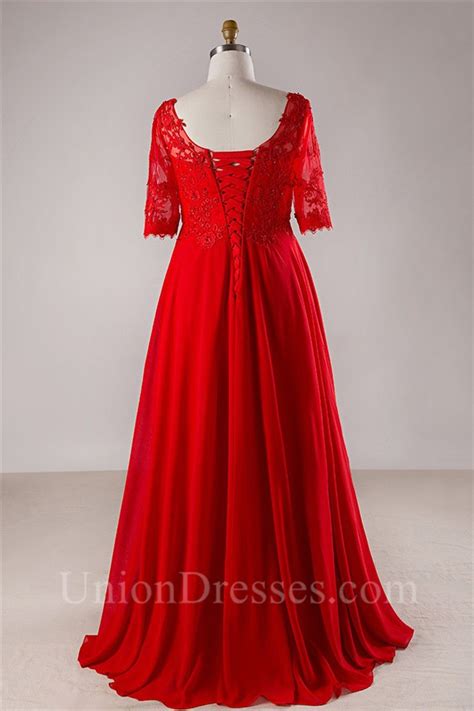 V Neck Empire Waist Corset Red Chiffon Lace Beaded Plus Size Prom Dress