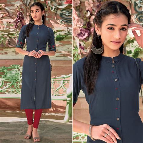 Navy Blue Floral Embroidered Rayon Kurti