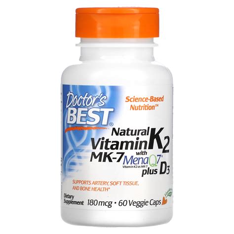 Doctor S Best Natural Vitamin K2 Mk 7 With Menaq7 Plus D3 180 Mcg 60 Veggie Caps