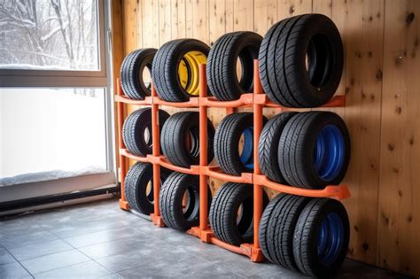 Premium AI Image | Winter tires storage rack in a garage or workshop created with generative ai