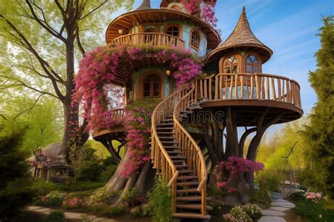 Fairy Designed Treehouse With A Spiral Staircase Generative Ai Stock