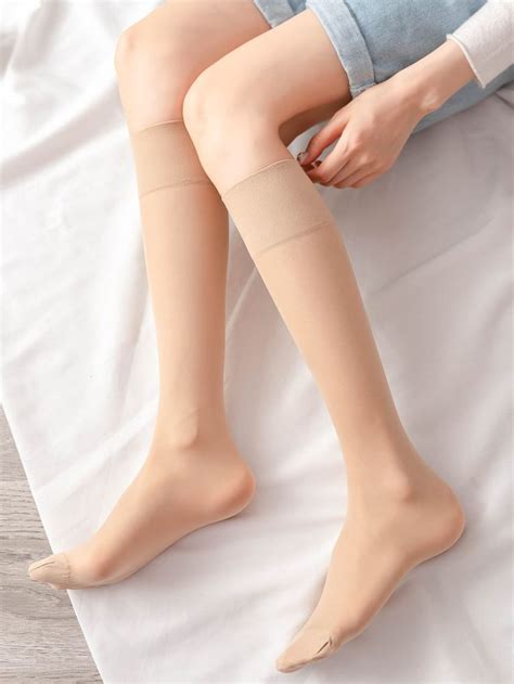 Apricot Collar Fabric Plain Embellished Women Socks Hosiery Over The