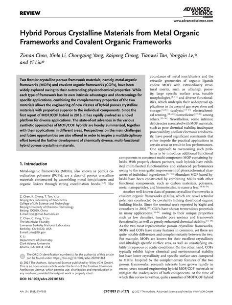 Pdf Hybrid Porous Crystalline Materials From Metal Organic Frameworks