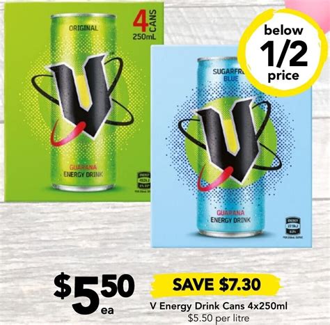 V Energy Drink Cans V Energy Drink Cans 4x250ml $5.50 per litre offer ...