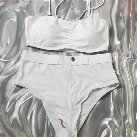White High Waisted Bikini Set Stretchy Swimsuit Like Depop