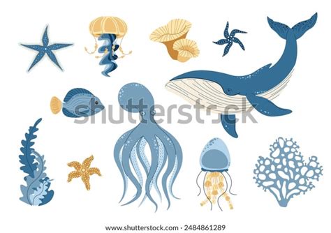 Set Hand Drawn Sea Creatures Inhabitants Stock Vector (Royalty Free) 2484861289 | Shutterstock