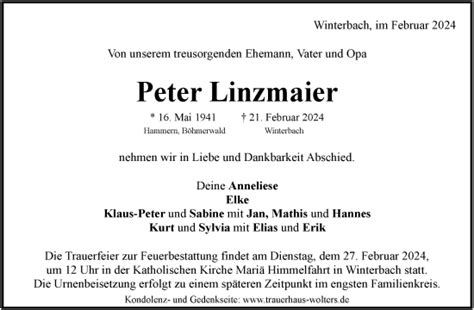 Traueranzeigen Von Peter Linzmaier ZVW Trauer