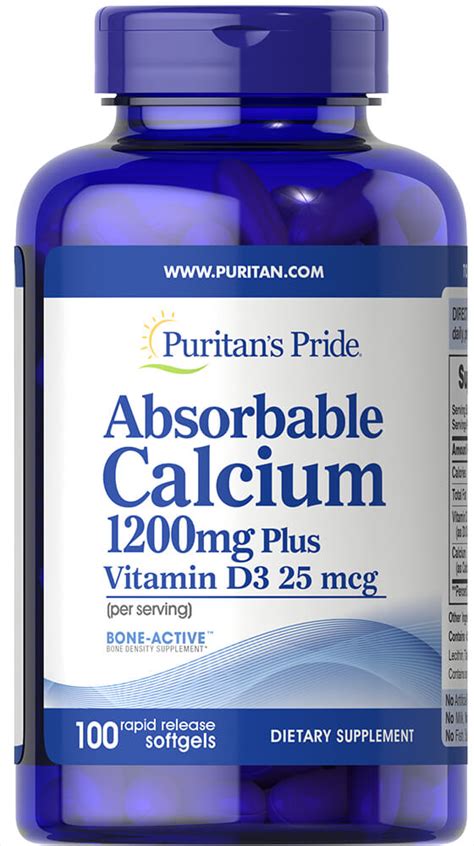 Absorbable Calcium 1200 Mg Plus Vitamin D3 25 Mcg 100 Rapid Release Softgels 6272 Puritans