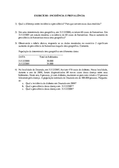Exercicios Incidencia E Prevalencia SEM Resposta - EXERCÍCIO