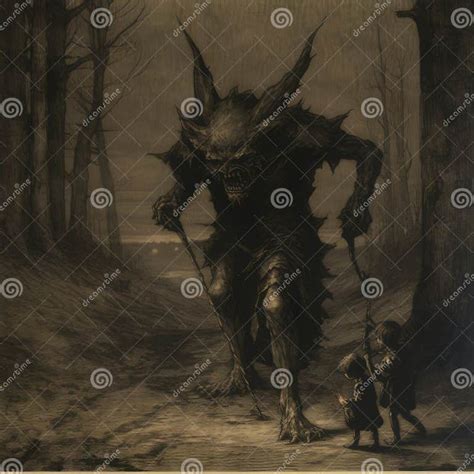 Confronting Shadows Medieval Engraving Of Giant Demon With Children In