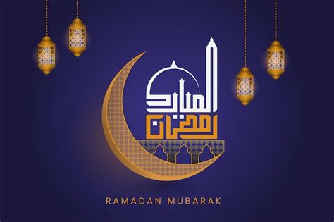 Ramad N Mubarak Con Luna Creciente Y Estrellas Sobre Un Fondo Azul