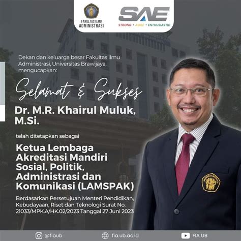 Selamat Dan Sukses Pelantikan Ketua LAMSPAK Dr M R Khairul Muluk M