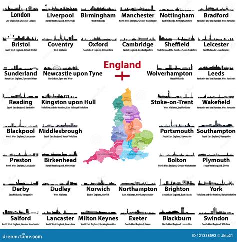 England Cities Skylines Icons with Names of City, Region and Ceremonial ...