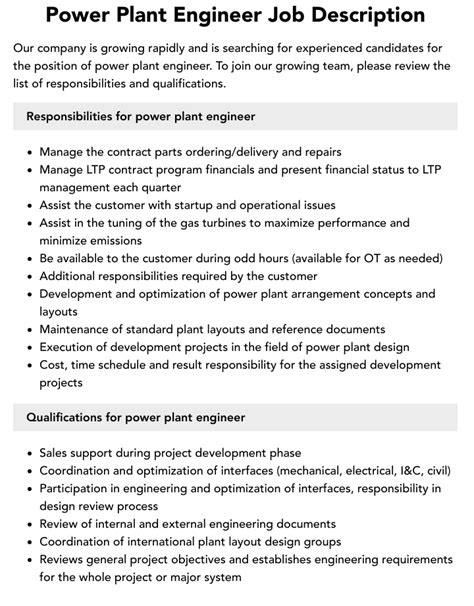 Power Plant Engineer Job Description Velvet Jobs