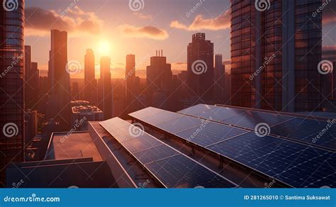 Illustration Solar Panels With Buildings In Background Ecological Clean Energy Solar Cells