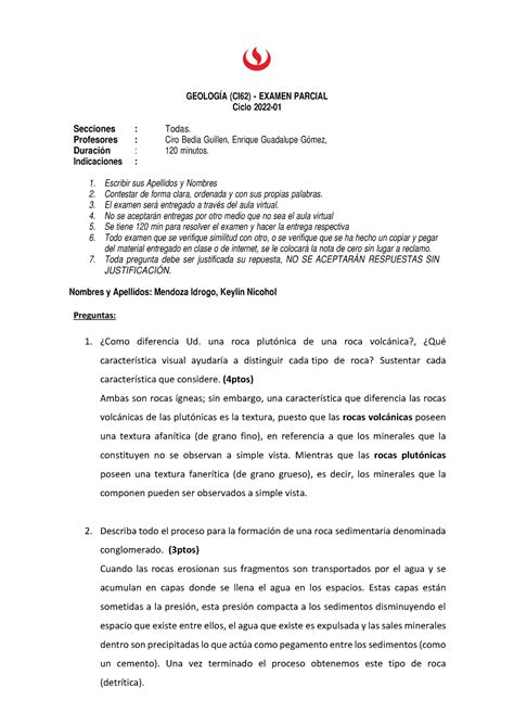 Examen Parcial Geología GEOLOGÍA CI62 EXAMEN PARCIAL Ciclo 2022