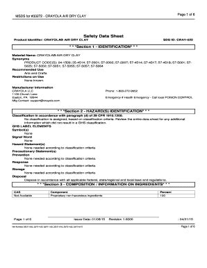 Fillable Online MSDS For 33272 CRAYOLA AIR DRY CLAY Material Safety