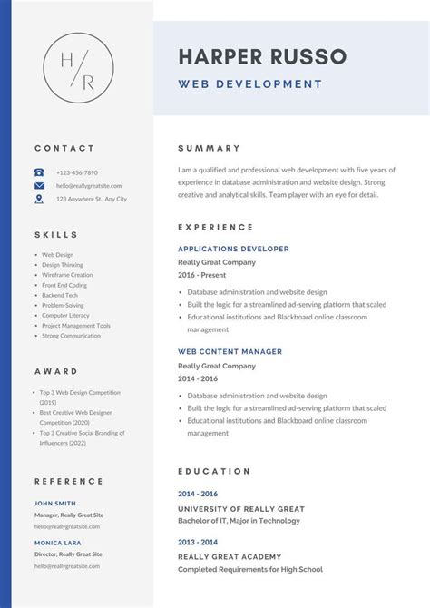 A Blue And White Resume Template With The Words Harper Russell Web