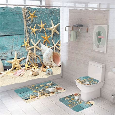 4 Piece Beach Shower Curtain Set Sea Seashell Natural With Non Slip