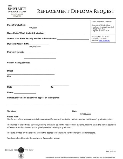 Replacement Diploma Request Form University Of Rhode Island Fill