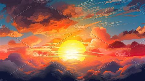 Illustrated sky with clouds, sun, stars, and sunrise or sunset. | Cloud ...