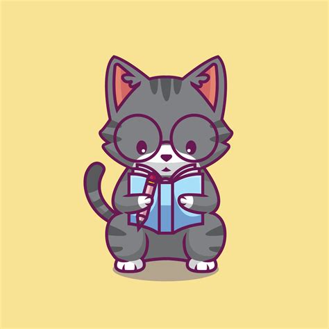 Cute cat reading book cartoon illustration 9471842 Vector Art at Vecteezy