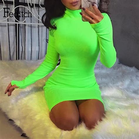 Feditch Solid Sexy Neon Dress Turtleneck Full Sleeve Summer Dresses