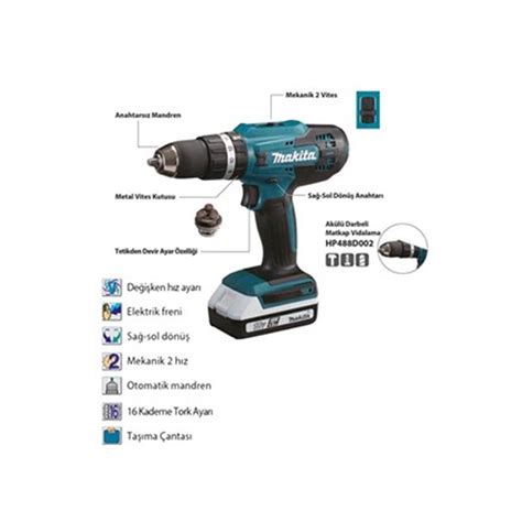 Makita HP488D002 18V 2x1 5 Ah Li ion Çift Akülü Darbeli Matkap Vidalama