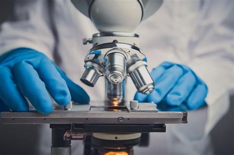 Examen D Un Chantillon D Essai Au Microscope Dans Un Laboratoire