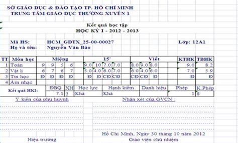 Phiếu Báo điểm Theo Học Kỳ