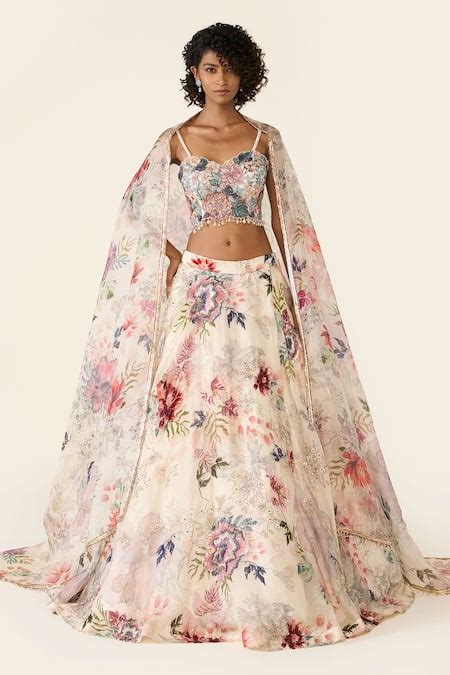 Buy Ivory Organza Embroidered Floral Sequin And Cutdana Lehenga Set For