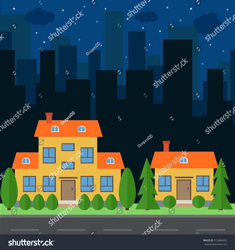 Vector Night City Cartoon Houses Buildings Stock Vector Royalty Free