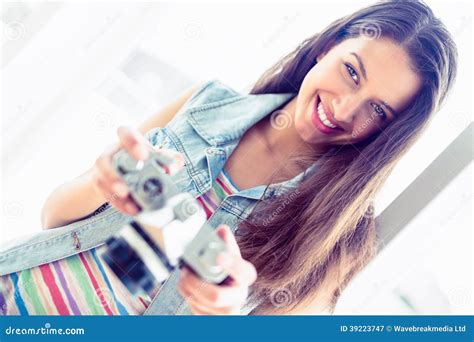 Cheerful Brunette Holding Her Camera Stock Image Image Of Length Cute