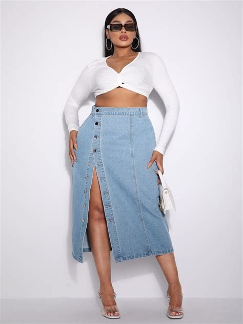 Free Returns Free Shipping On Orders 49 Shein Sxy Plus Button Front Denim Skirt Plus Size