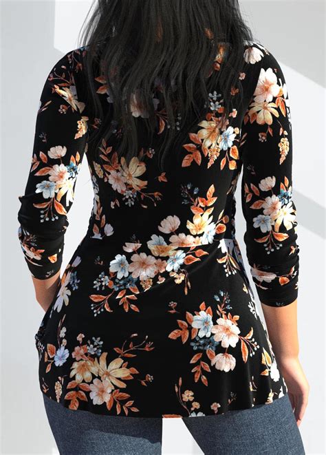 Random Floral Print Twist Black Long Sleeve T Shirt Rosewe USD