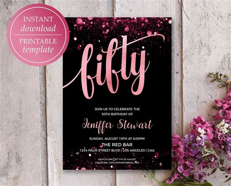 50th Birthday Invitations For Women Rose Gold Birthday Party Etsy