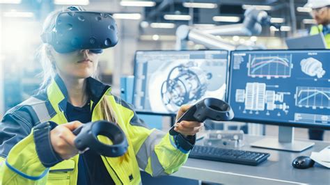 Factory: Female Industrial Engineer Wearing Virtual Reality Headset and ...