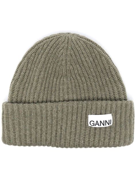 GANNI Logo Patch Ribbed Knit Beanie Farfetch